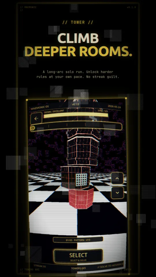 3D tower view with stacked puzzle segments on checkered floor