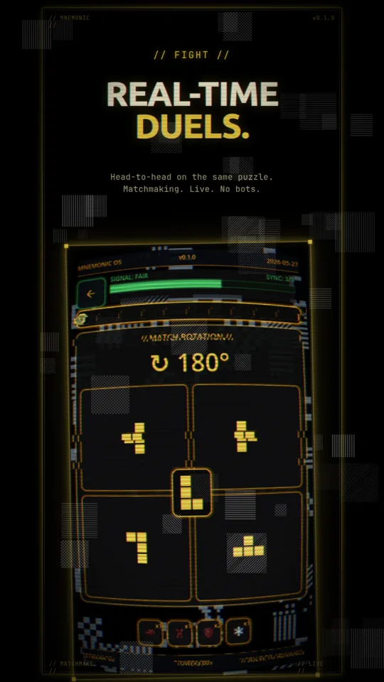 Real-time 1v1 duel — spatial rotation puzzle with opponent rail and power-up bar
