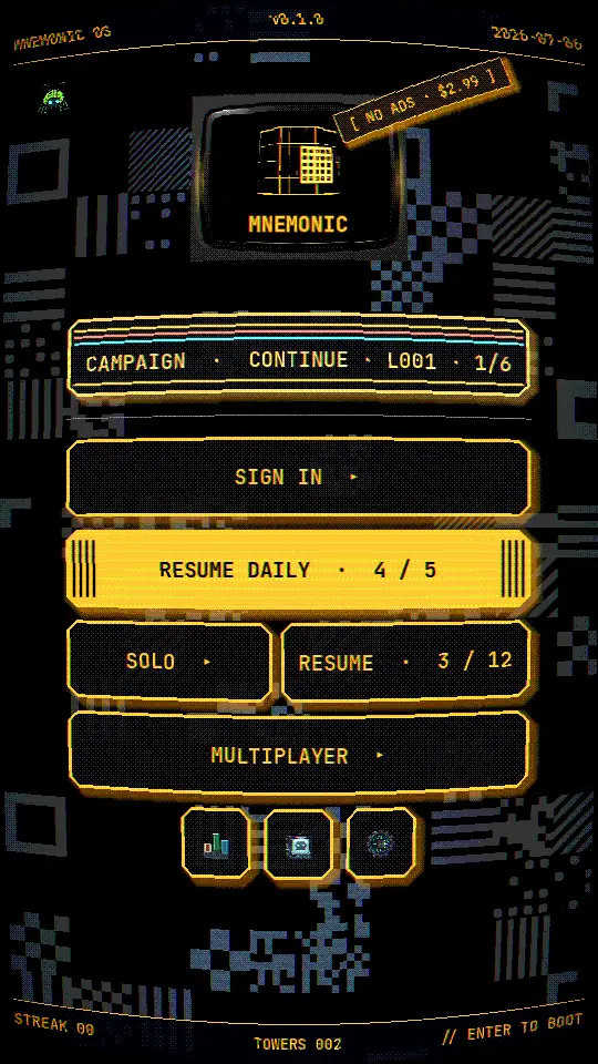 Home menu — CRT set with campaign strip, daily, solo, and multiplayer channels