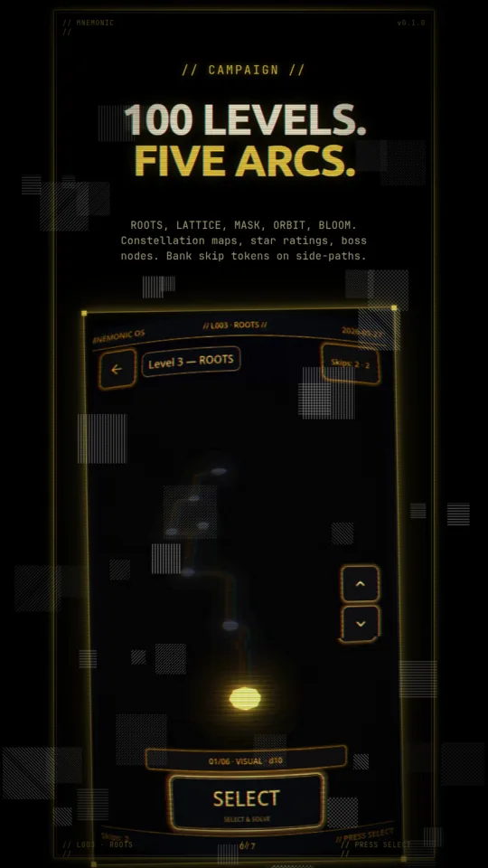 Campaign constellation map — Level 3 ROOTS arc with branching paths and skip tokens