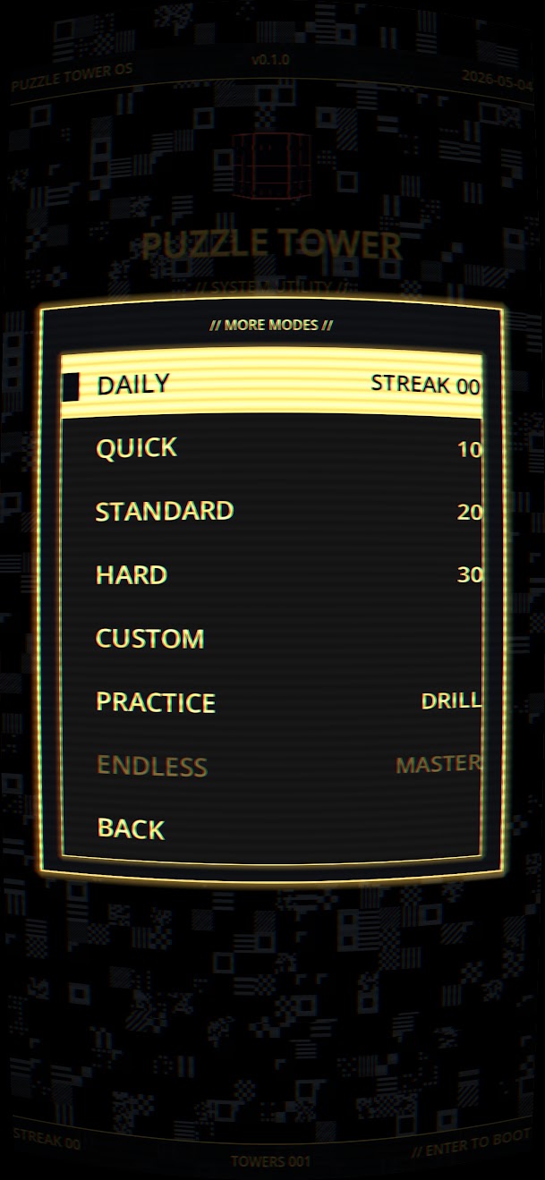 Game modes screen with daily, quick, standard and hard tower options