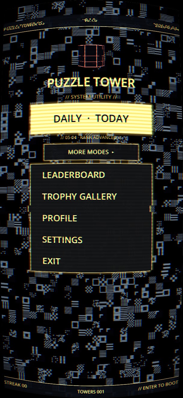Main menu showing the daily puzzle launcher and tower selection