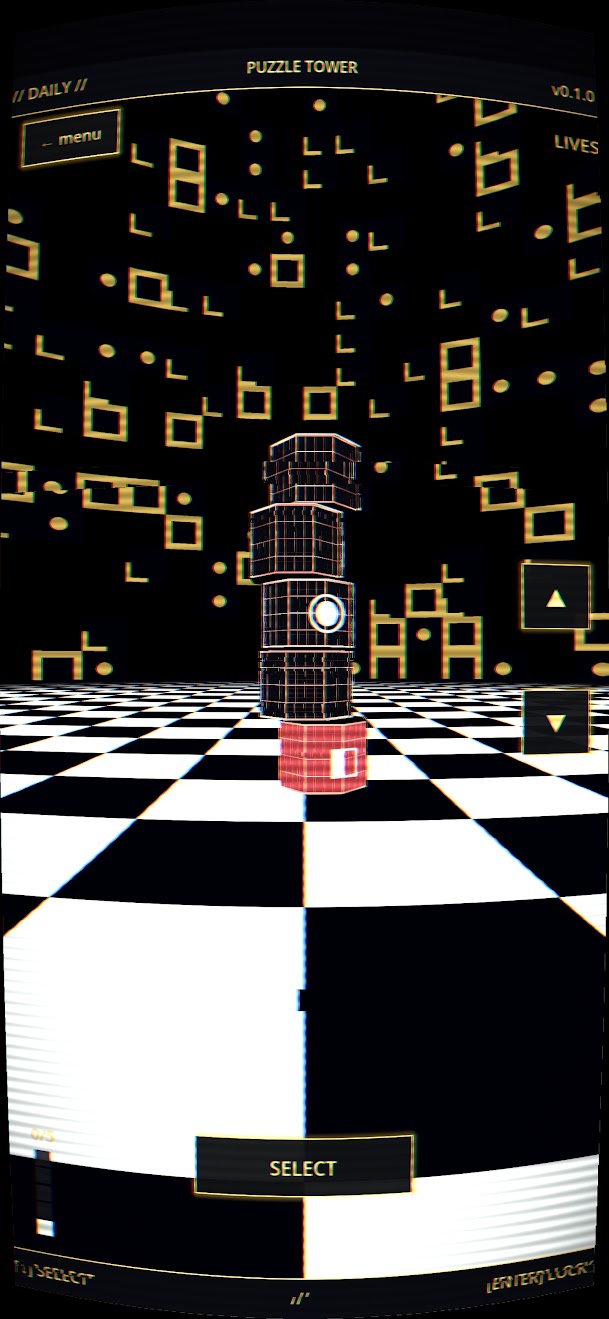 Tower view mid-run, showing stacked puzzle segments and the active panel